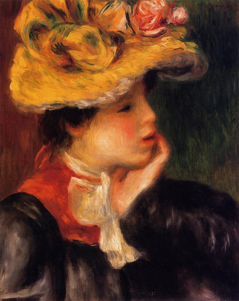 Head of a Young Woman (Yellow Hat) - Pierre-Auguste Renoir painting on canvas